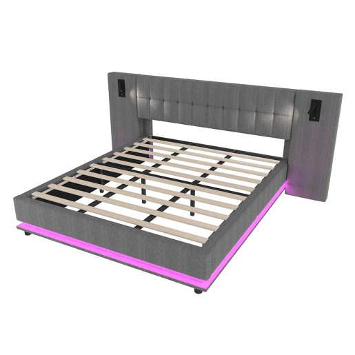 Cama estofada 180x200 cm - Com faixa LED, cabeceira com spot, USB, sem colchão, linho, cinza