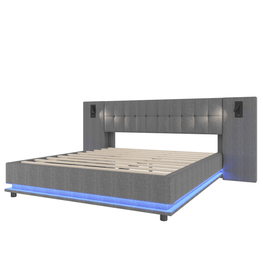 Cama estofada 180x200 cm - Com faixa LED, cabeceira com spot, USB, sem colchão, linho, cinza