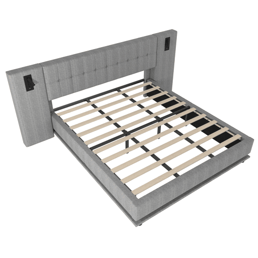 Cama estofada 180x200 cm - Com faixa LED, cabeceira com spot, USB, sem colchão, linho, cinza