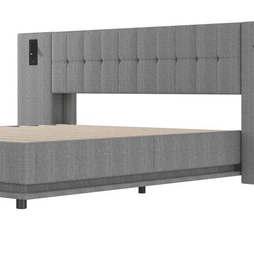 Cama estofada 180x200 cm - Com faixa LED, cabeceira com spot, USB, sem colchão, linho, cinza