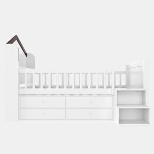 Cama semi-alta 90x200 cm - Forma de casa, janela, 4 gavetas, barra LED, escada de arrumação - Branco