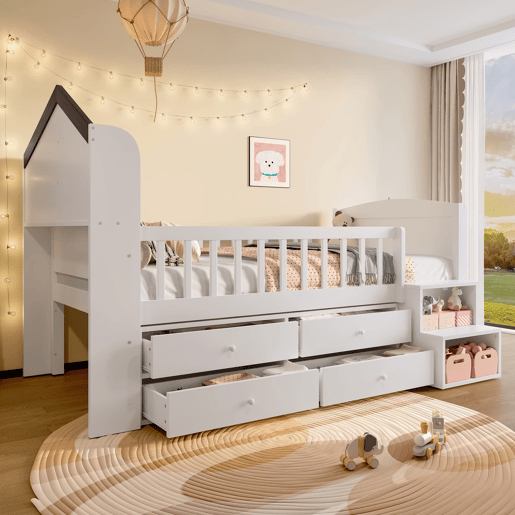 Cama semi-alta 90x200 cm - Forma de casa, janela, 4 gavetas, barra LED, escada de arrumação - Branco
