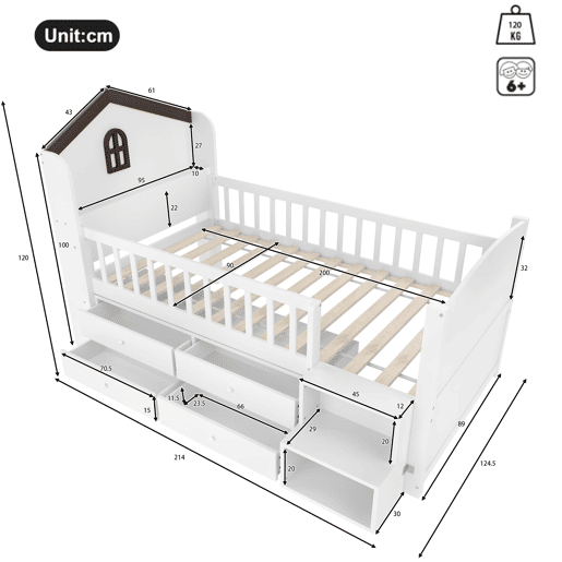 Cama semi-alta 90x200 cm - Forma de casa, janela, 4 gavetas, barra LED, escada de arrumação - Branco