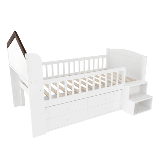 Cama semi-alta 90x200 cm - Forma de casa, janela, 4 gavetas, barra LED, escada de arrumação - Branco