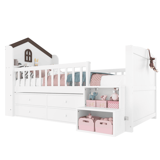 Cama semi-alta 90x200 cm - Forma de casa, janela, 4 gavetas, barra LED, escada de arrumação - Branco