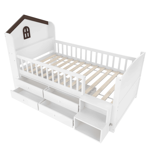 Cama semi-alta 90x200 cm - Forma de casa, janela, 4 gavetas, barra LED, escada de arrumação - Branco
