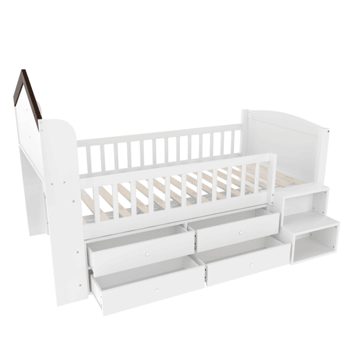 Cama semi-alta 90x200 cm - Forma de casa, janela, 4 gavetas, barra LED, escada de arrumação - Branco