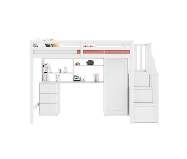 Cama alta,cama infantil de madera maciza 90x200 cm,blanco