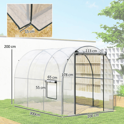 Outsunny Estufa de Exterior 3x2x2 m Estufa Túnel com Porta Enrolável 2 Janelas de Rede Cobertura de Plástico e Estrutura de Aço Anti-UV para Cultivos Plantas Flores Transparente