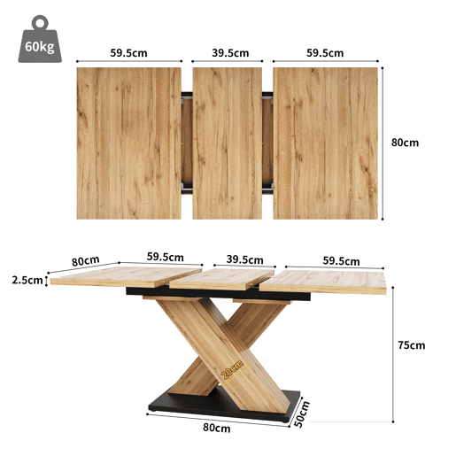 Mesa de jantar extensível retangular 119-158,5máx cm de mdf,natural