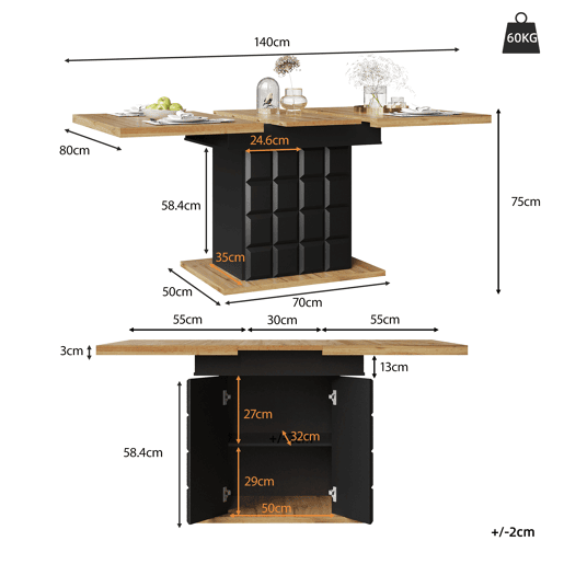 Mesa de jantar extensível retangular 110-140máx cm de mdf,natural+preto