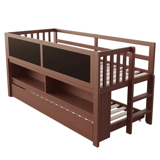 Cama infantil 90x200 - Cama extensível, com quadro negro, arrumação aberta, escada, madeira maciça - Castanho