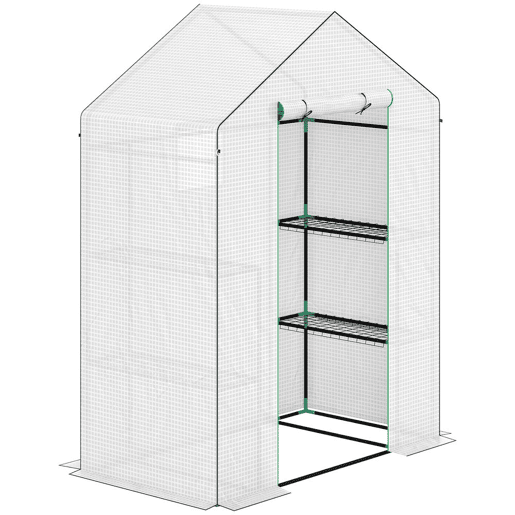 Outsunny Estufa de Jardim Estufa com 1 Porta 2 Janelas e Prateleiras de 2 Níveis em Forma de U para Cultivo de Plantas em Varanda Pátio 140x73x190 cm Branco