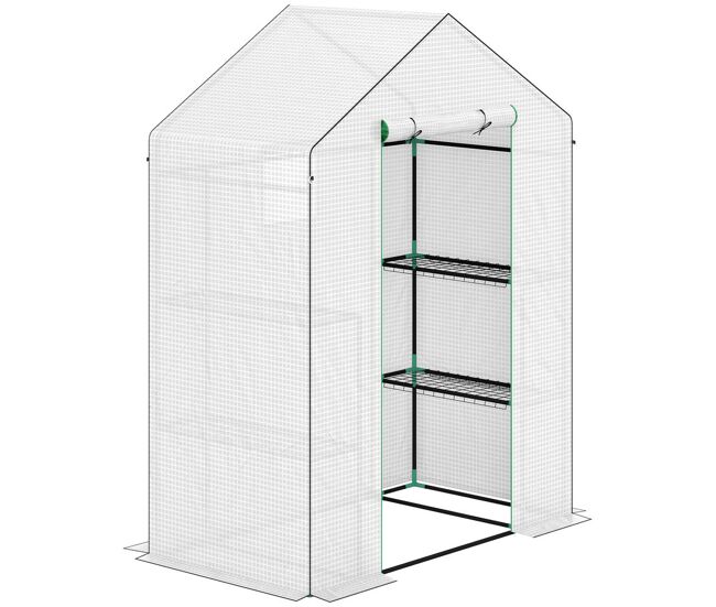 Outsunny invernadero de exterior invernadero pequeño de 3 niveles con 9 estantes puerta enrollable 2 ventanas cubierta de pe y marco de acero para cultivos plantas flores 140x73x190 cm blanco