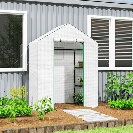 Outsunny Estufa de Jardim Estufa com 1 Porta 2 Janelas e Prateleiras de 2 Níveis em Forma de U para Cultivo de Plantas em Varanda Pátio 140x73x190 cm Branco