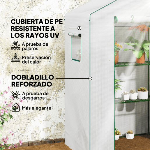 Outsunny Estufa de Jardim Estufa com 1 Porta 2 Janelas e Prateleiras de 2 Níveis em Forma de U para Cultivo de Plantas em Varanda Pátio 140x73x190 cm Branco