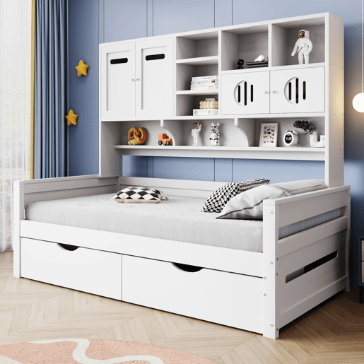 Sofá-cama de madeira 90 x 200 cm - Com arrumação, gaveta grande, cama juvenil, estrado, branco