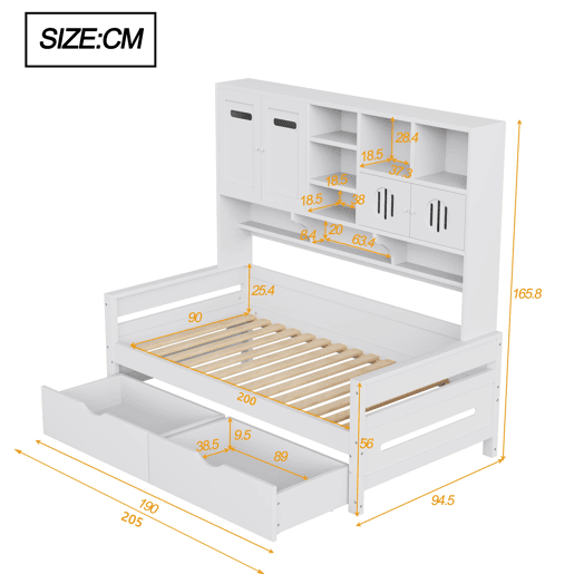 Sofá-cama de madeira 90 x 200 cm - Com arrumação, gaveta grande, cama juvenil, estrado, branco