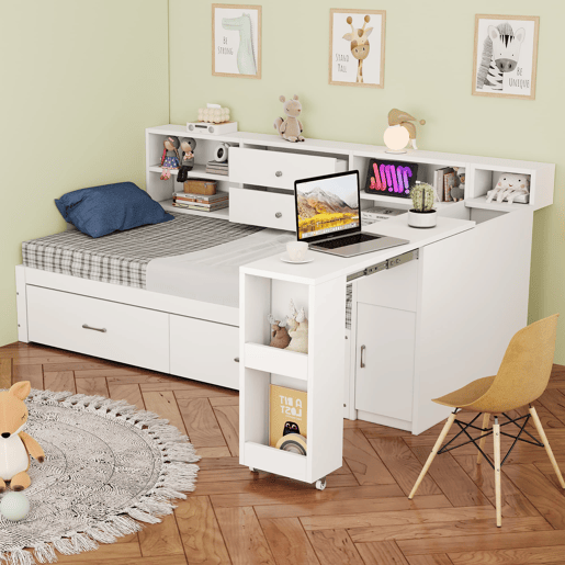 Sofá-cama de madeira 90x200 cm - arrumação multifuncional, prateleiras, 2 gavetas, mesa extensível - branco