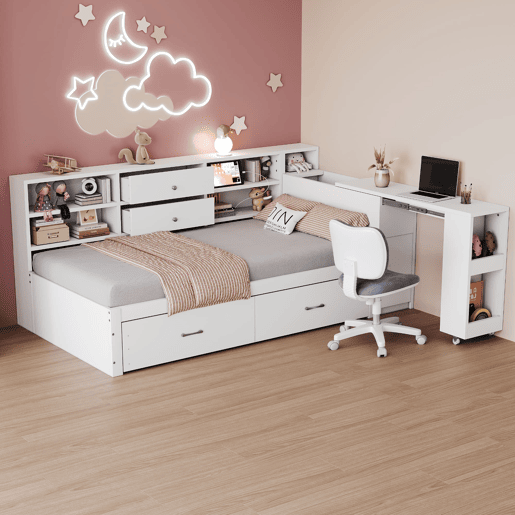 Sofá-cama de madeira 90x200 cm - arrumação multifuncional, prateleiras, 2 gavetas, mesa extensível - branco