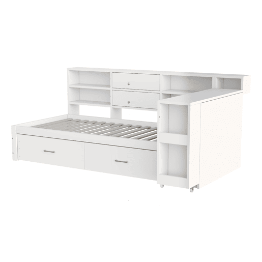 Sofá-cama de madeira 90x200 cm - arrumação multifuncional, prateleiras, 2 gavetas, mesa extensível - branco