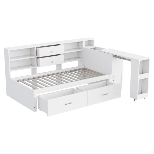 Sofá-cama de madeira 90x200 cm - arrumação multifuncional, prateleiras, 2 gavetas, mesa extensível - branco