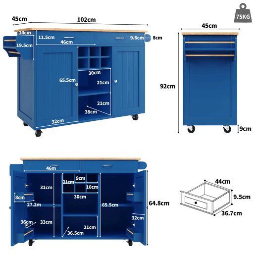Carrinho de cozinha de mdf com 2 portas e 2 gavetas,azul