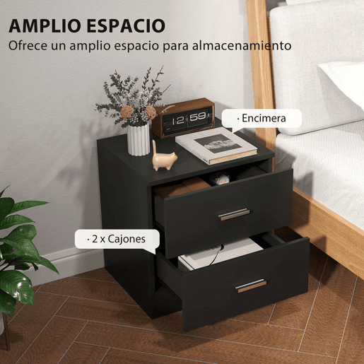 HOMCOM Mesa de Cabeceira Moderna, Mesinha de Cabeceira com 2 Gavetas, Mesa Auxiliar para Sala, Quarto, Closet, 45x39,5x49 cm, Preto
