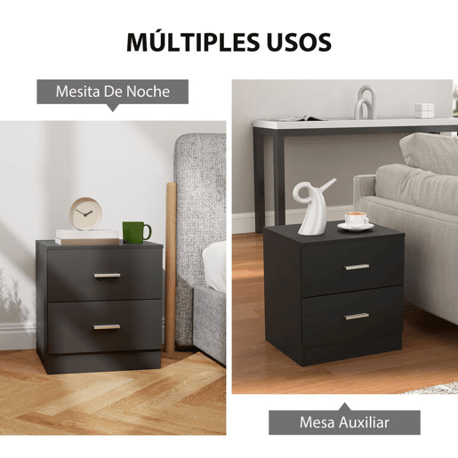 HOMCOM Mesa de Cabeceira Moderna, Mesinha de Cabeceira com 2 Gavetas, Mesa Auxiliar para Sala, Quarto, Closet, 45x39,5x49 cm, Preto