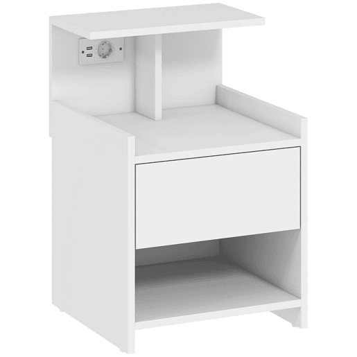 HOMCOM Mesa de Cabeceira com Estação de Carregamento Mesa de Cabeceira com Portos USB Gaveta e Prateleiras Abertas para Sala Estudio 40x40x60 cm Branco