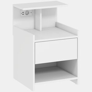 HOMCOM Mesa de Cabeceira com Estação de Carregamento Mesa de Cabeceira com Portos USB Gaveta e Prateleiras Abertas para Sala Estudio 40x40x60 cm Branco