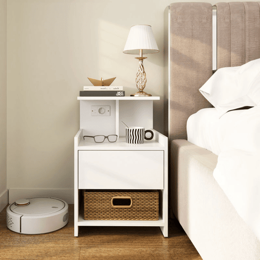 HOMCOM Mesa de Cabeceira com Estação de Carregamento Mesa de Cabeceira com Portos USB Gaveta e Prateleiras Abertas para Sala Estudio 40x40x60 cm Branco