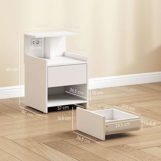 HOMCOM Mesa de Cabeceira com Estação de Carregamento Mesa de Cabeceira com Portos USB Gaveta e Prateleiras Abertas para Sala Estudio 40x40x60 cm Branco