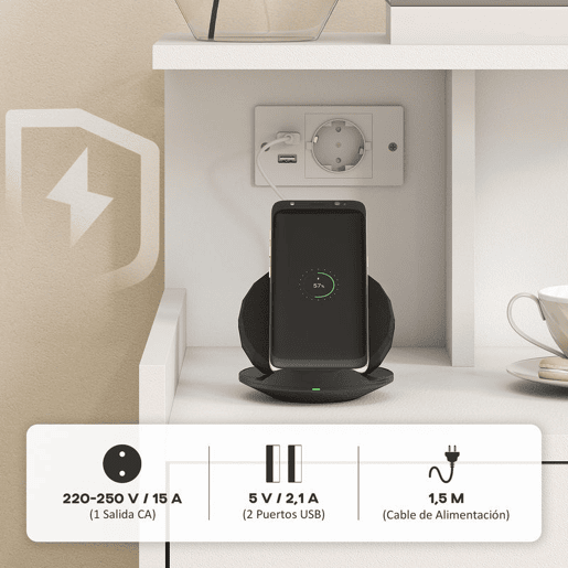 HOMCOM Mesa de Cabeceira com Estação de Carregamento Mesa de Cabeceira com Portos USB Gaveta e Prateleiras Abertas para Sala Estudio 40x40x60 cm Branco
