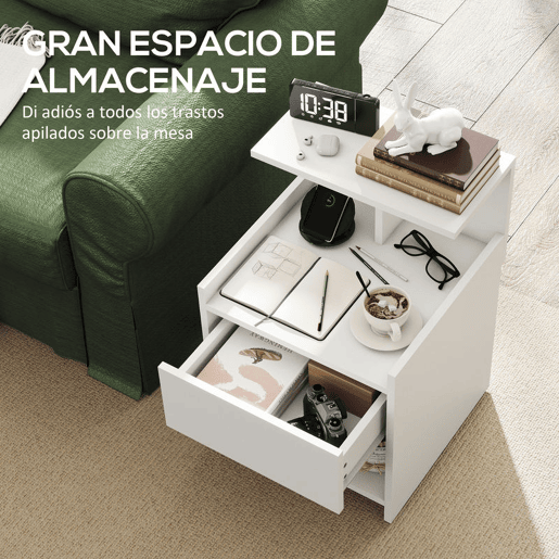 HOMCOM Mesa de Cabeceira com Estação de Carregamento Mesa de Cabeceira com Portos USB Gaveta e Prateleiras Abertas para Sala Estudio 40x40x60 cm Branco