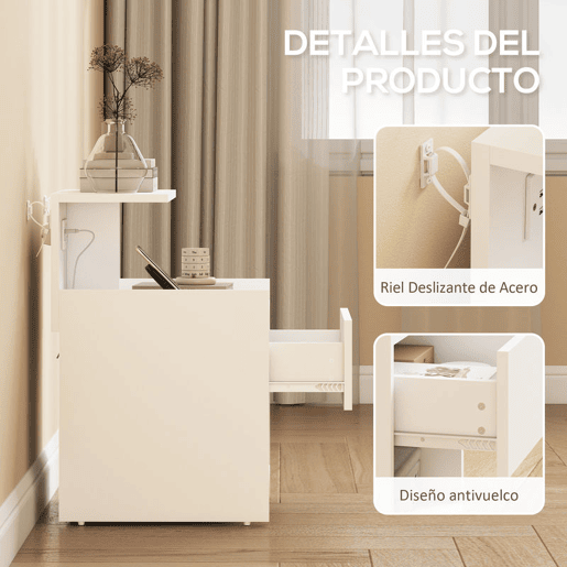 HOMCOM Mesa de Cabeceira com Estação de Carregamento Mesa de Cabeceira com Portos USB Gaveta e Prateleiras Abertas para Sala Estudio 40x40x60 cm Branco