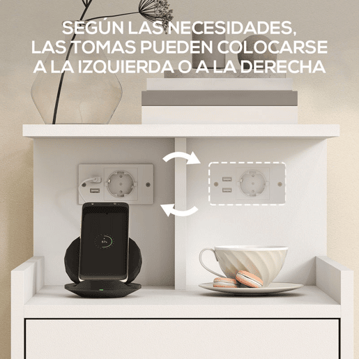 HOMCOM Mesa de Cabeceira com Estação de Carregamento Mesa de Cabeceira com Portos USB Gaveta e Prateleiras Abertas para Sala Estudio 40x40x60 cm Branco