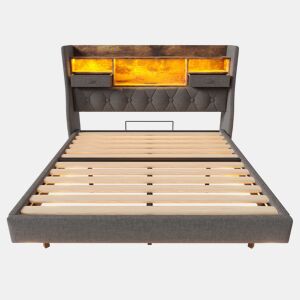 Cama de casal estofada 140x200 cm - cama suspensa com LED, cabeceira com arrumação e estação de carregamento, estrado e colchão incluídos - linho cinzento