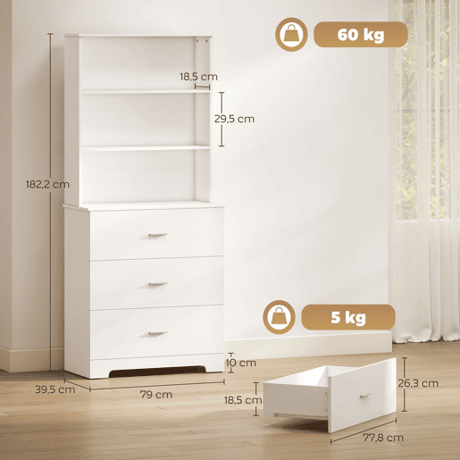 HOMCOM Estante para Livros de 6 Níveis Estante com 3 Gavetas 3 Prateleiras Abertas Armário Alto para Sala de Estar Estúdio Escritório 79x39,5x182,2 cm Branco