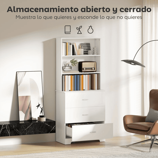 HOMCOM Estante para Livros de 6 Níveis Estante com 3 Gavetas 3 Prateleiras Abertas Armário Alto para Sala de Estar Estúdio Escritório 79x39,5x182,2 cm Branco