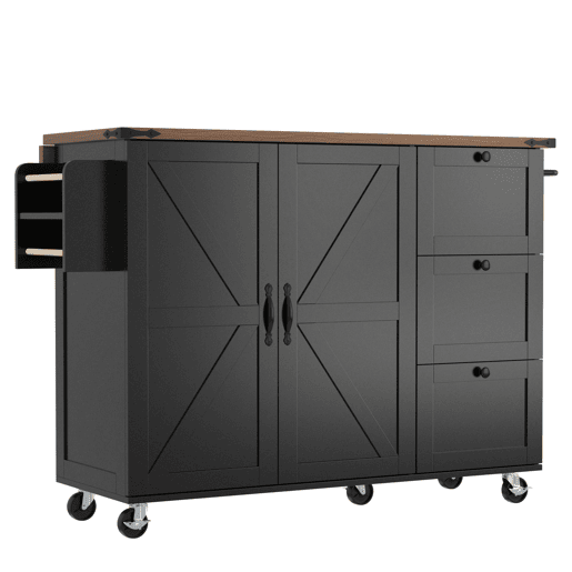 Carrinho de cozinha de mdf com 2 portas e 3 gavetas,preto