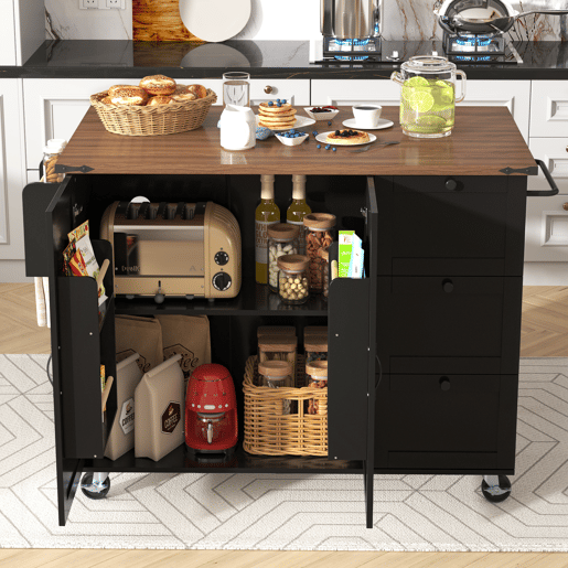 Carrinho de cozinha de mdf com 2 portas e 3 gavetas,preto