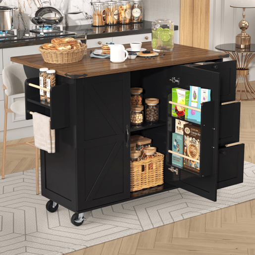 Carrinho de cozinha de mdf com 2 portas e 3 gavetas,preto