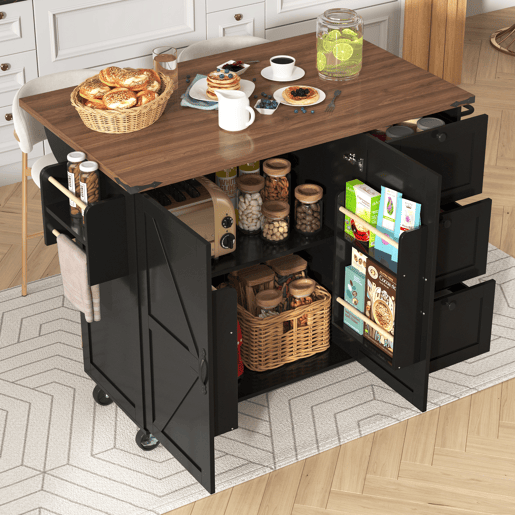 Carrinho de cozinha de mdf com 2 portas e 3 gavetas,preto