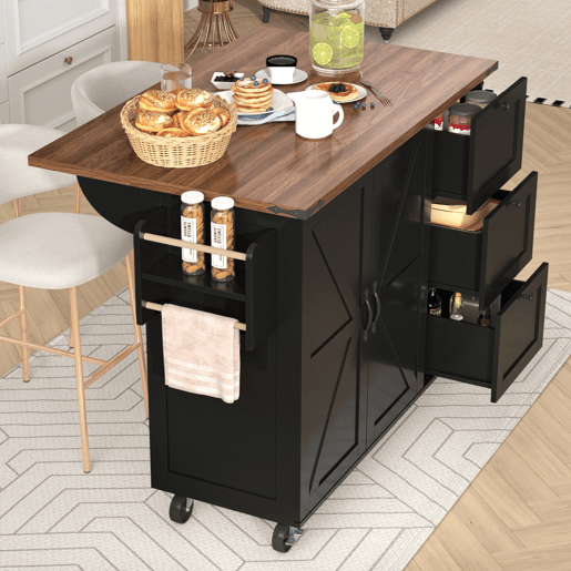 Carrinho de cozinha de mdf com 2 portas e 3 gavetas,preto