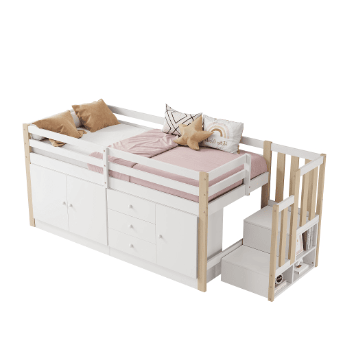 Cama alta,cama de criança de mdf 90x200 cm,branco+natural