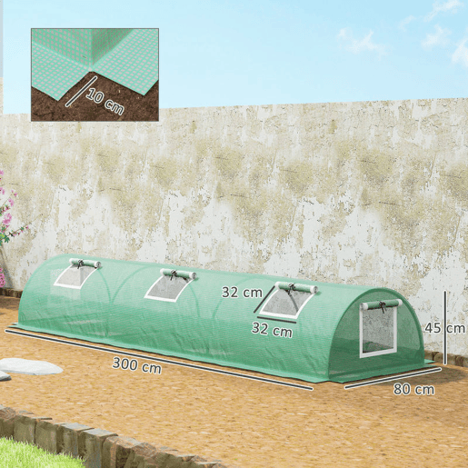Outsunny Estufa de Exterior 300x80x45 cm Estufa de Jardim com 5 Janelas de Rede Enroláveis, Estrutura em Aço e Cobertura de PE 140gm² Anti-UV para Cultivo de Plantas e Flores Verde