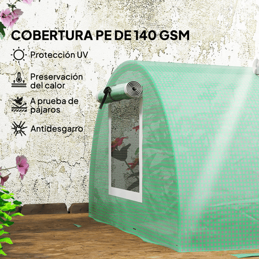 Outsunny Estufa de Exterior 300x80x45 cm Estufa de Jardim com 5 Janelas de Rede Enroláveis, Estrutura em Aço e Cobertura de PE 140gm² Anti-UV para Cultivo de Plantas e Flores Verde