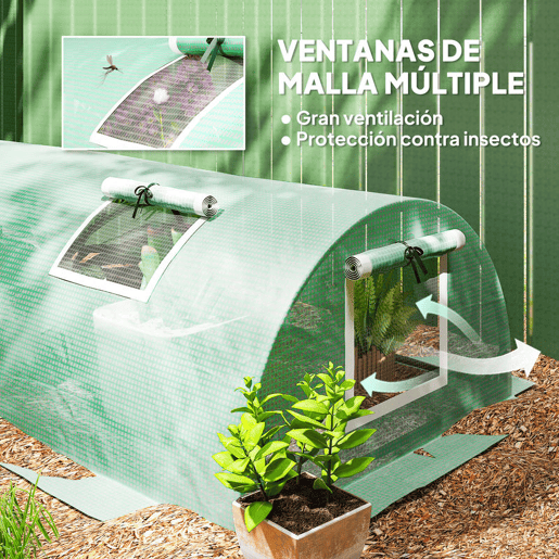 Outsunny Estufa de Exterior 300x80x45 cm Estufa de Jardim com 5 Janelas de Rede Enroláveis, Estrutura em Aço e Cobertura de PE 140gm² Anti-UV para Cultivo de Plantas e Flores Verde