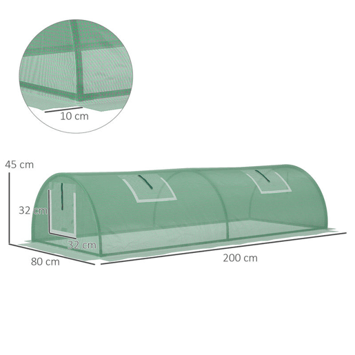 Outsunny Estufa de Exterior, 200x80x45 cm Estufa de Jardim com 4 Janelas de Rede Enroláveis Estrutura em Aço e Cobertura de PE 140gm² Anti-UV para Cultivo de Plantas e Flores Verde